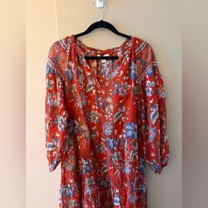 NWT 100% Cotton Block-printed Tiered Red Bohemian Dress